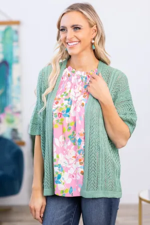 Mint Pointelle Elbow Sleeve Cardigan