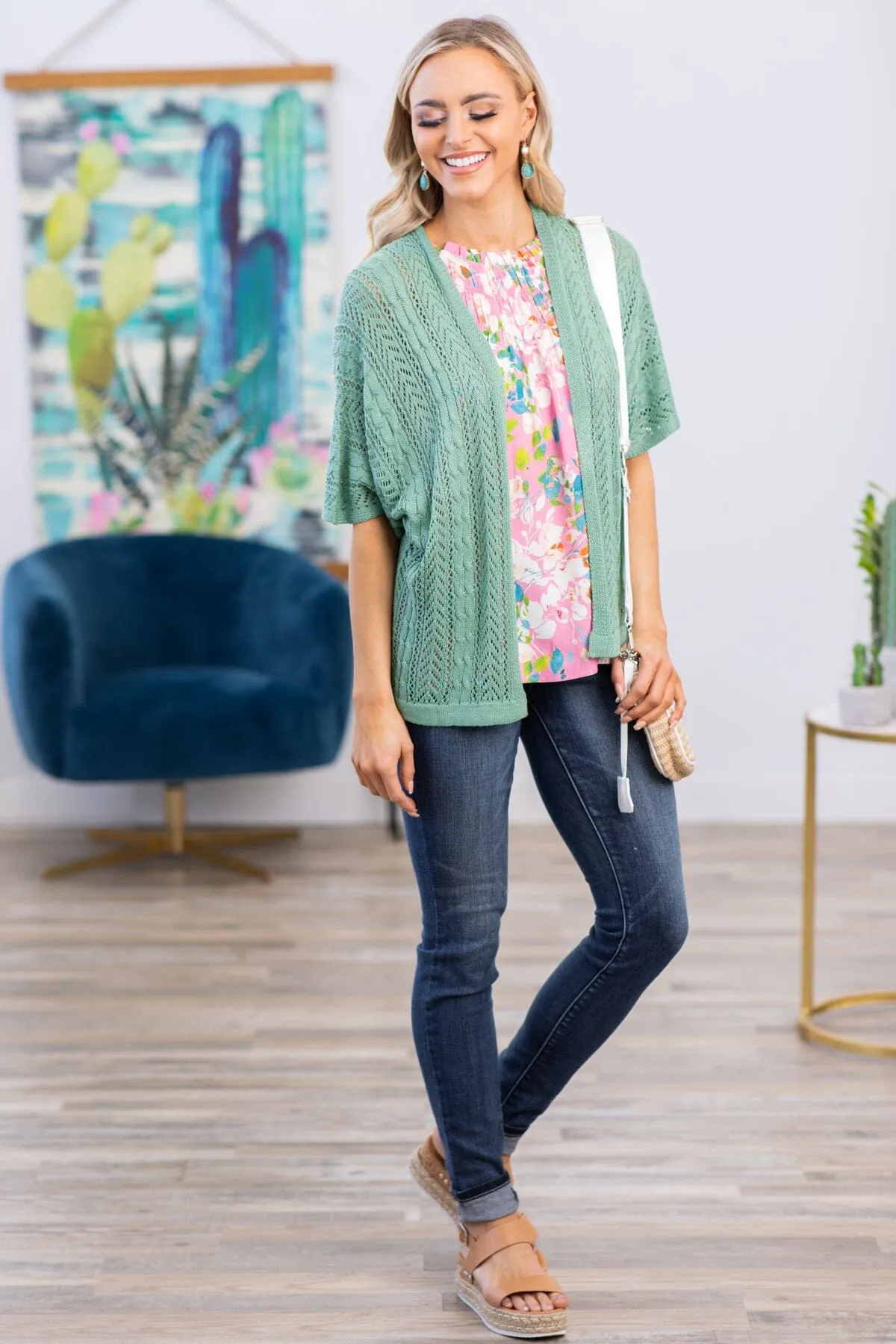 Mint Pointelle Elbow Sleeve Cardigan