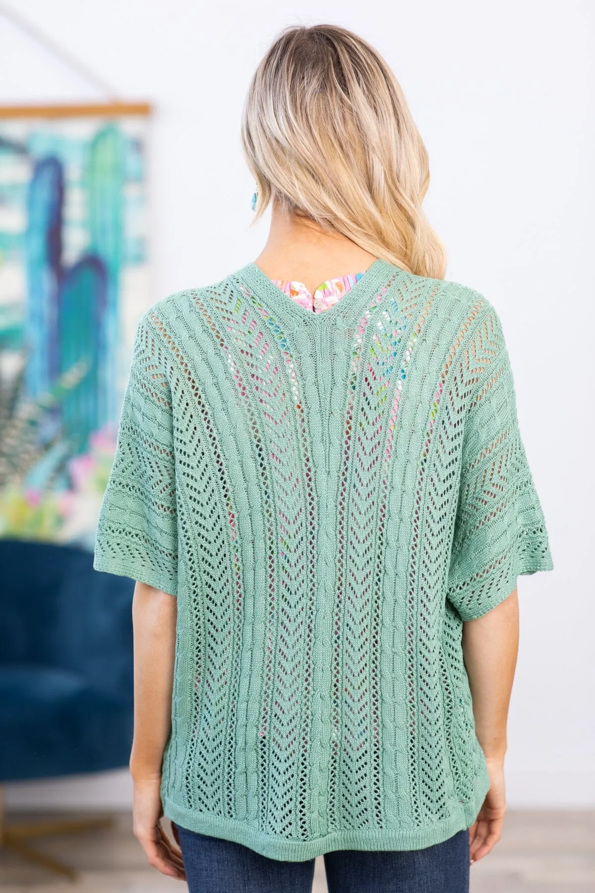 Mint Pointelle Elbow Sleeve Cardigan