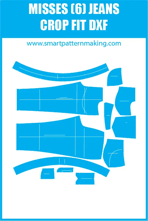 Misses Jeans Crop Fit Sewing Pattern Download. Gerber, DXF, and illustrator format included.