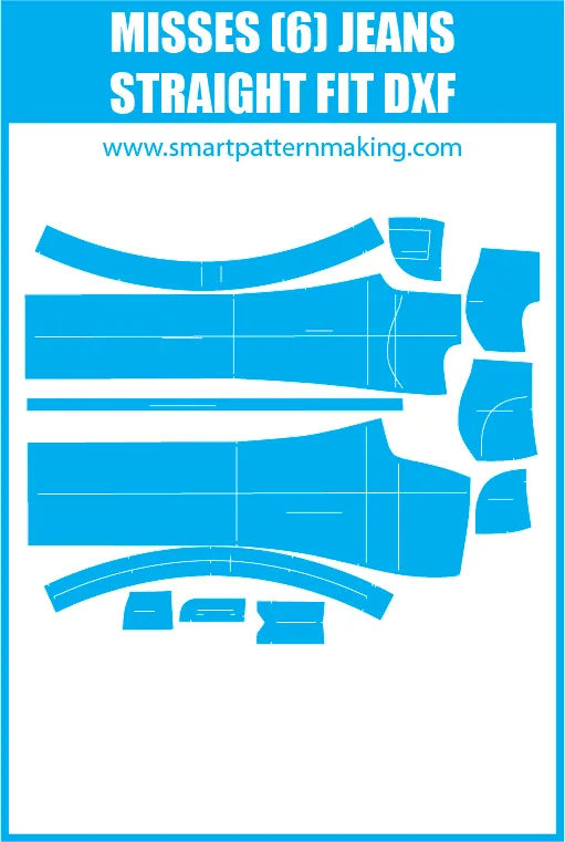 Misses Jeans Straight Fit Sewing Pattern Download. Gerber, DXF, and illustrator format included.