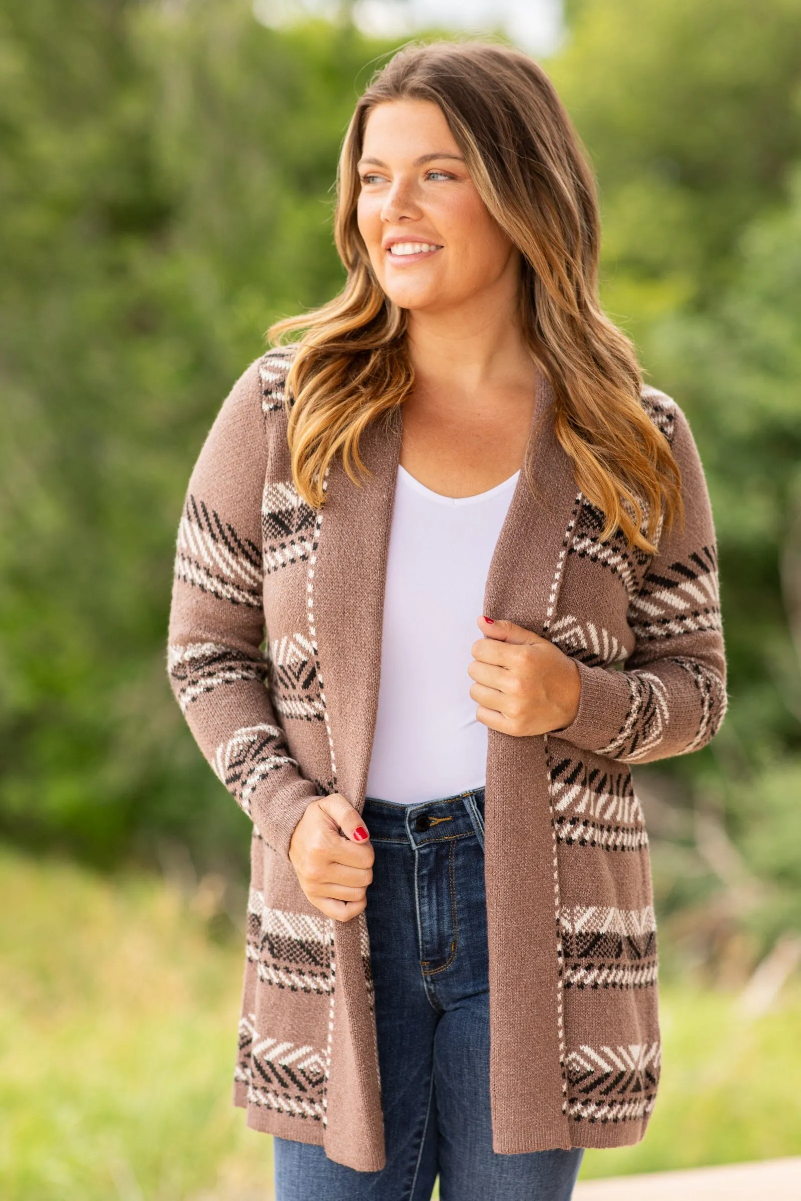 Mocha and Off White Aztec Stripe Cardigan