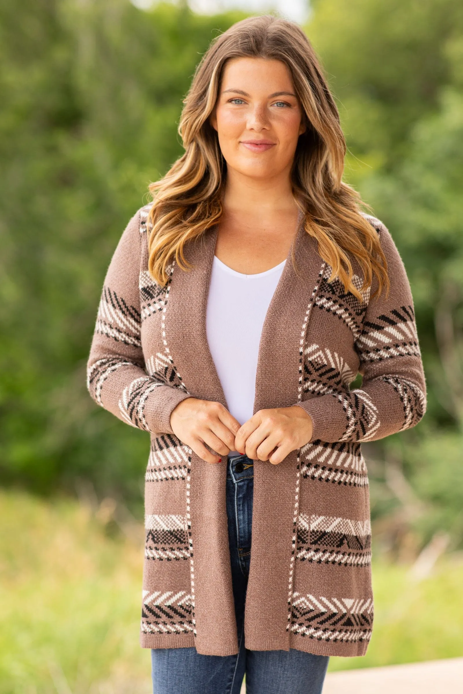 Mocha and Off White Aztec Stripe Cardigan
