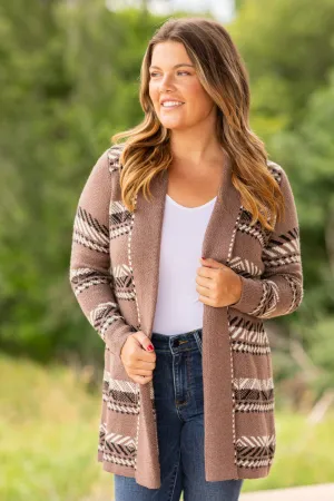 Mocha and Off White Aztec Stripe Cardigan