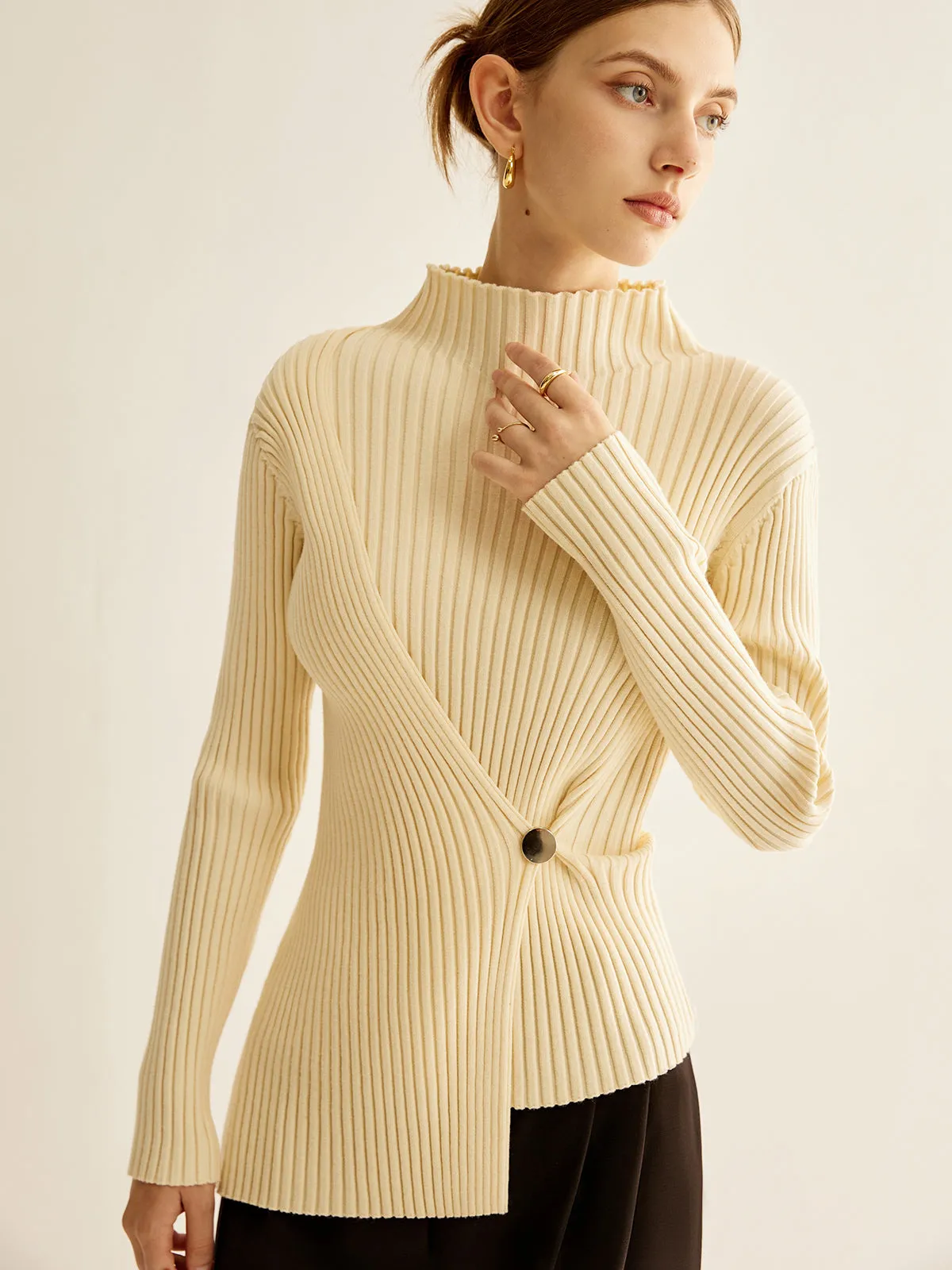 Mock-Neck Ribbed Cinched Sweater