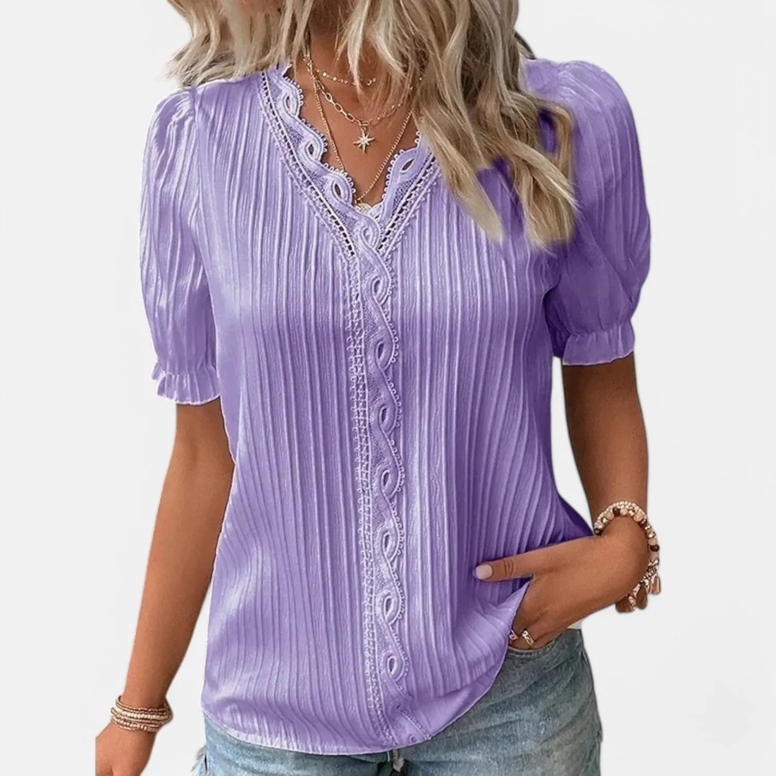 Monacogents | Women's Sexy V-Neck Hollow Lace Splice Blouse