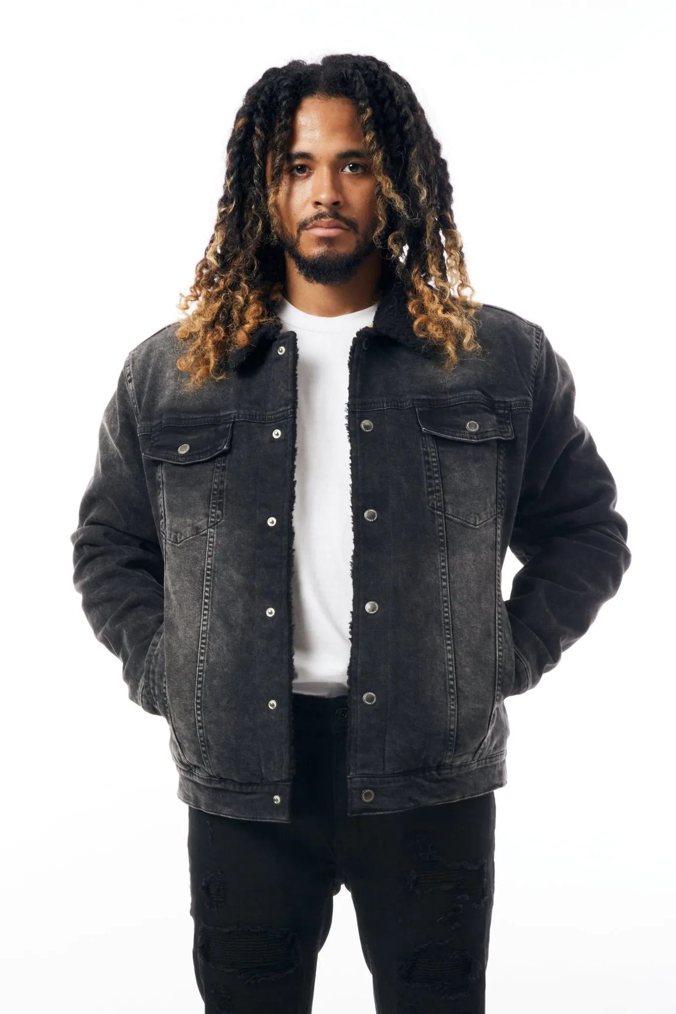 M.Society Denim Jacket with Sherpa Lining in Black