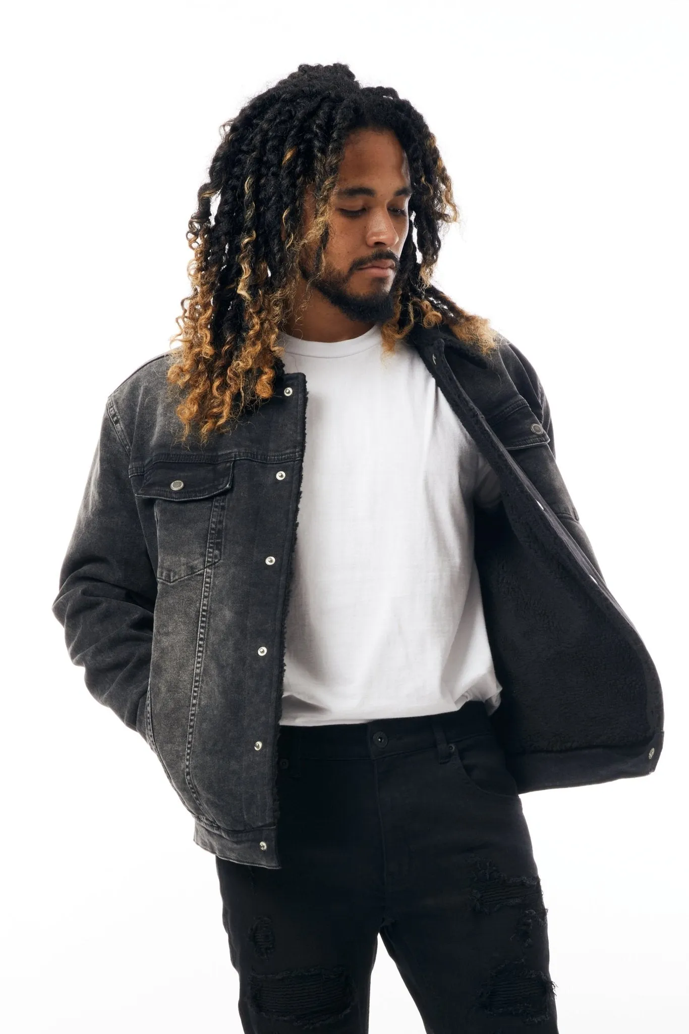 M.Society Denim Jacket with Sherpa Lining in Black