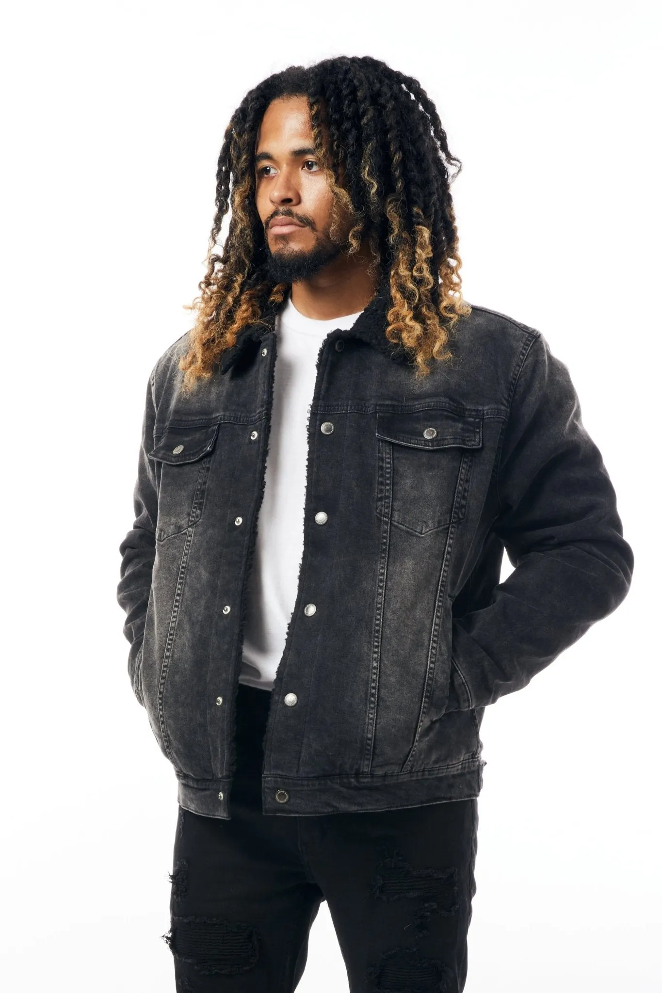 M.Society Denim Jacket with Sherpa Lining in Black