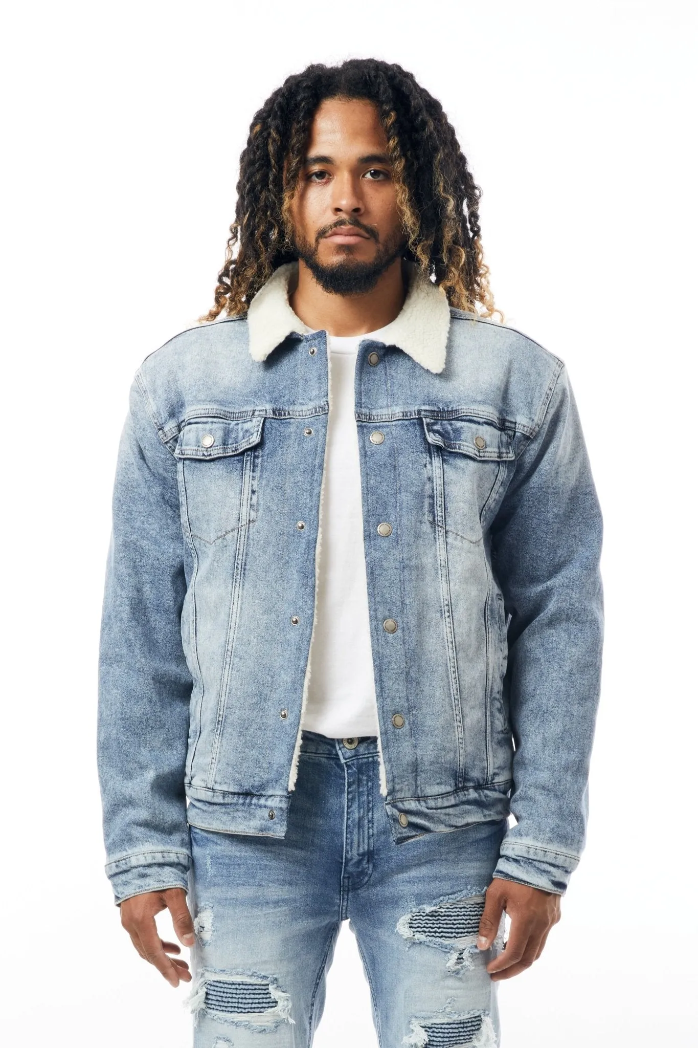 M.Society Denim Jacket with Sherpa Lining in Medium Blue