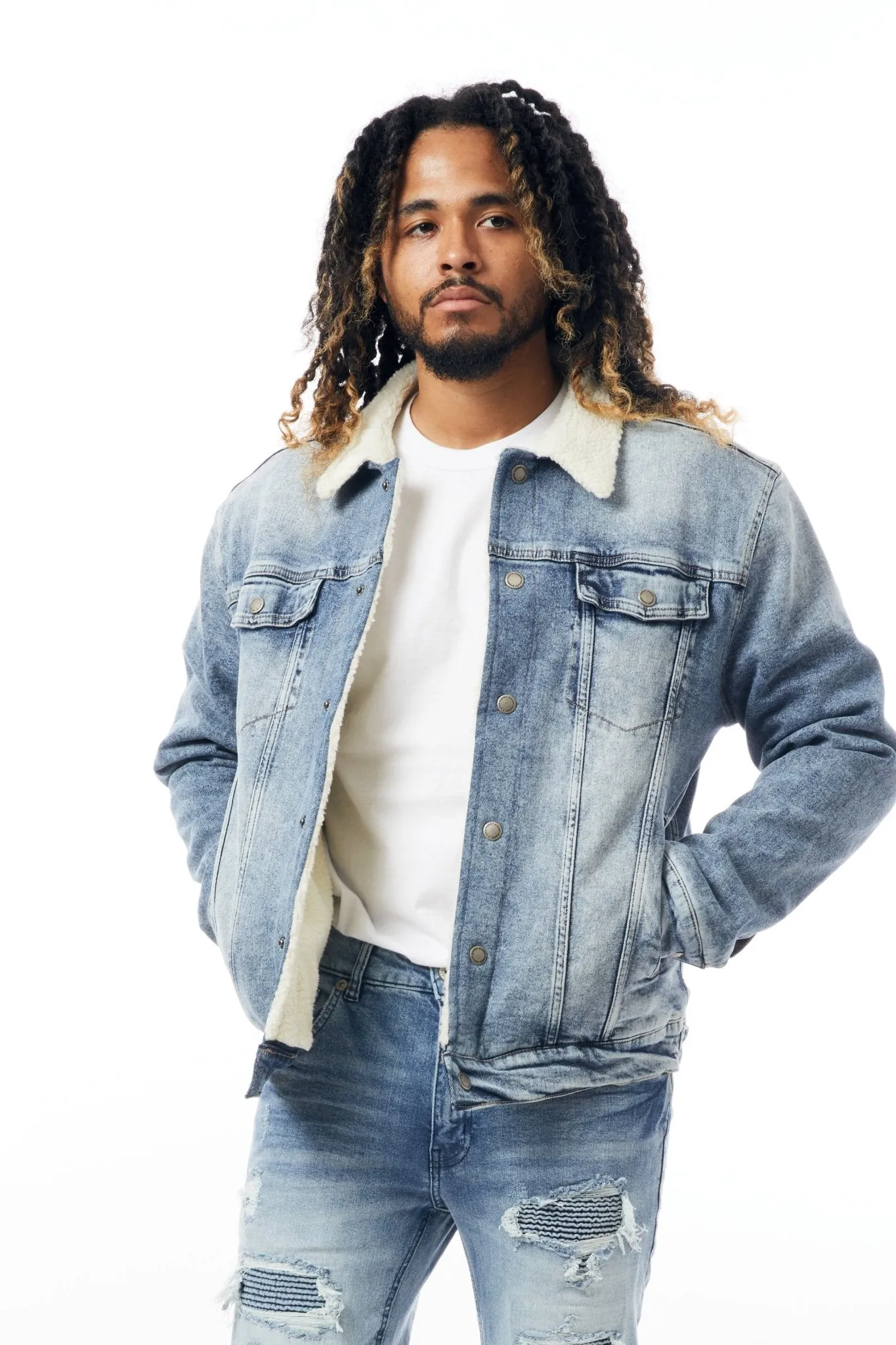 M.Society Denim Jacket with Sherpa Lining in Medium Blue