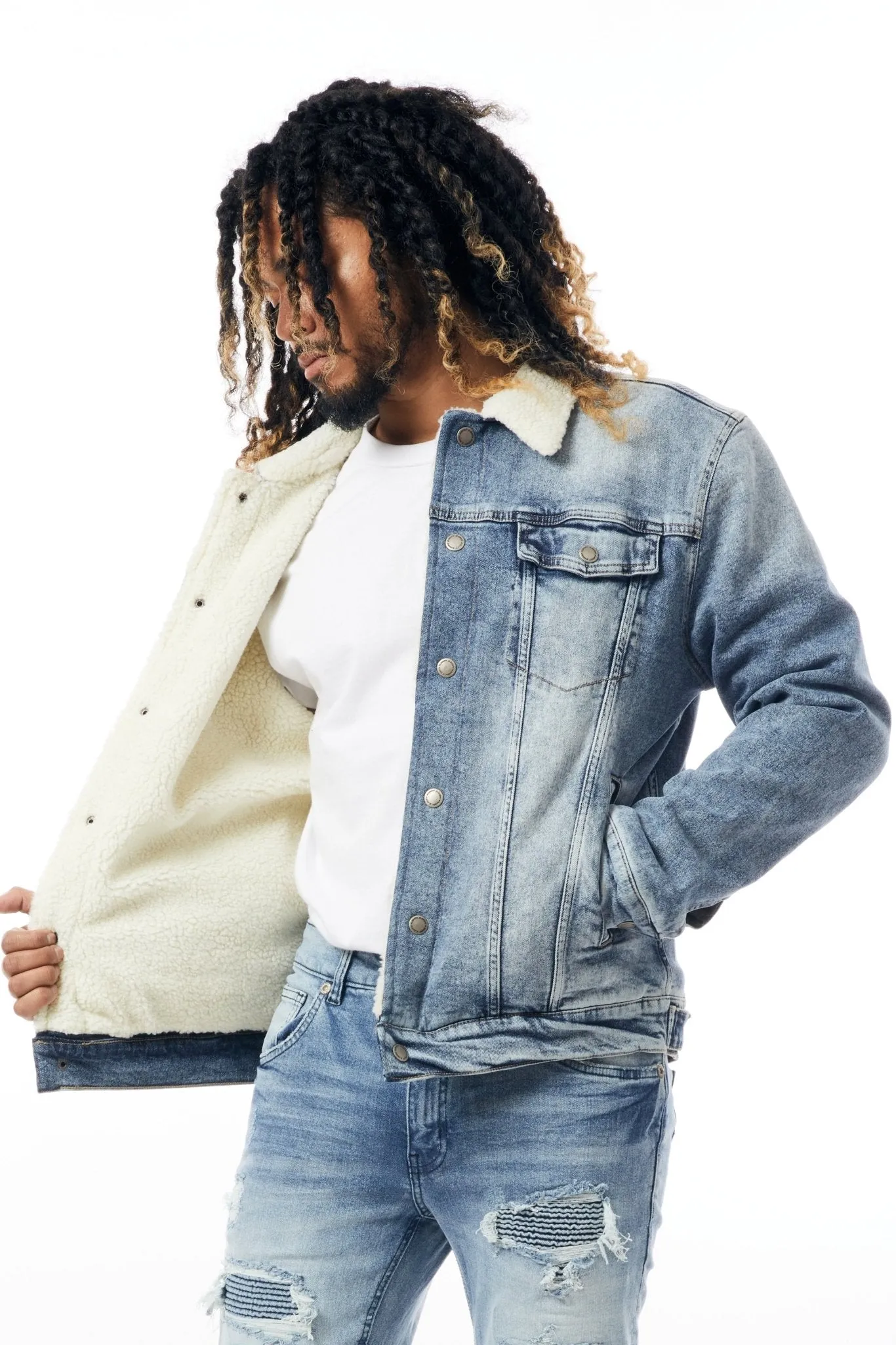 M.Society Denim Jacket with Sherpa Lining in Medium Blue