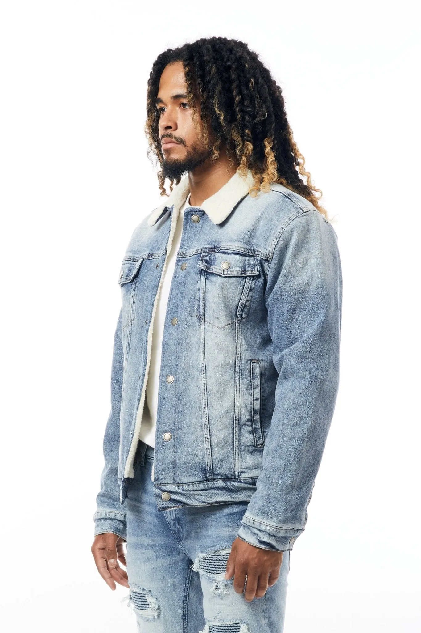 M.Society Denim Jacket with Sherpa Lining in Medium Blue
