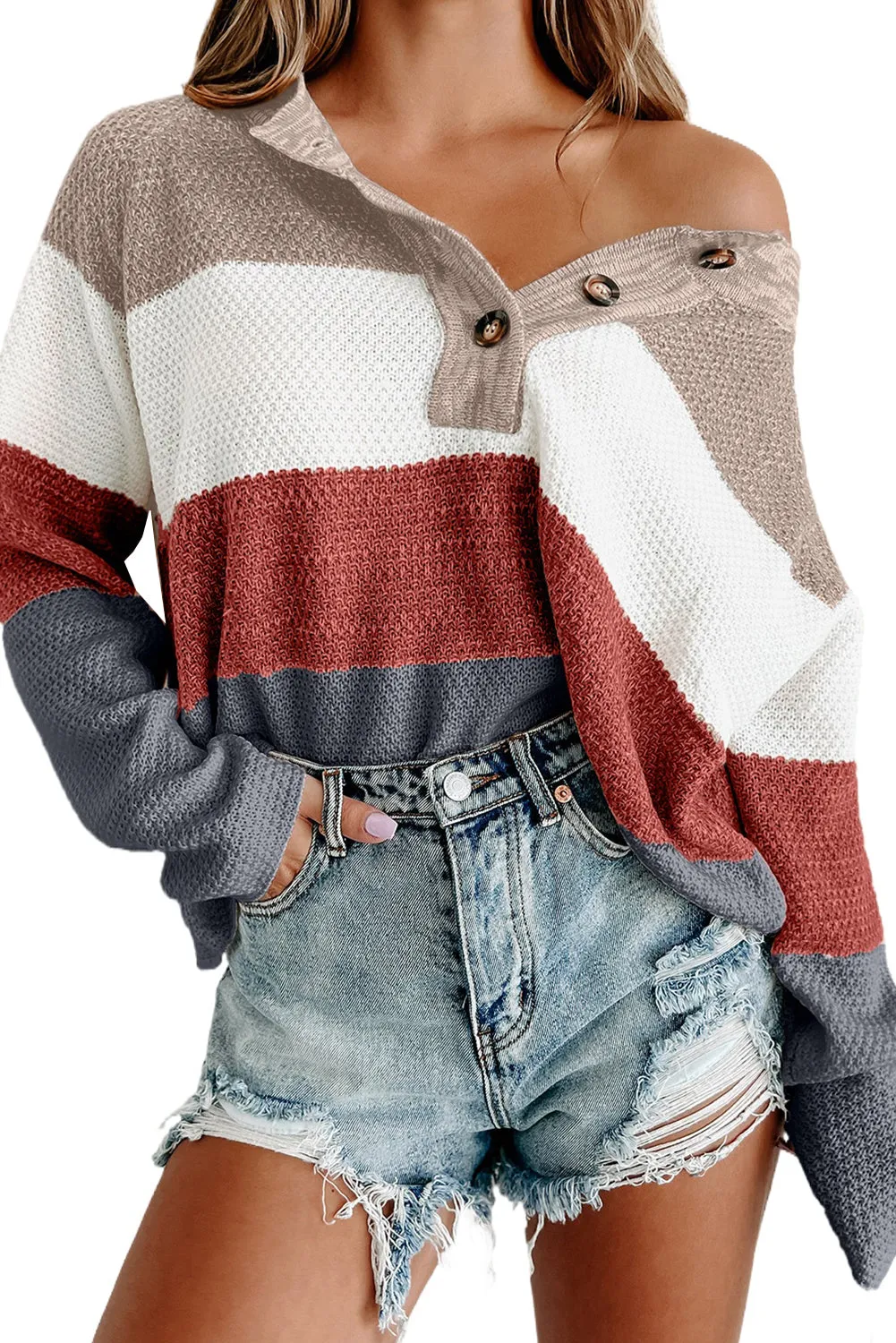 Multicolor Loose Colorblock Knitted Henley Sweater