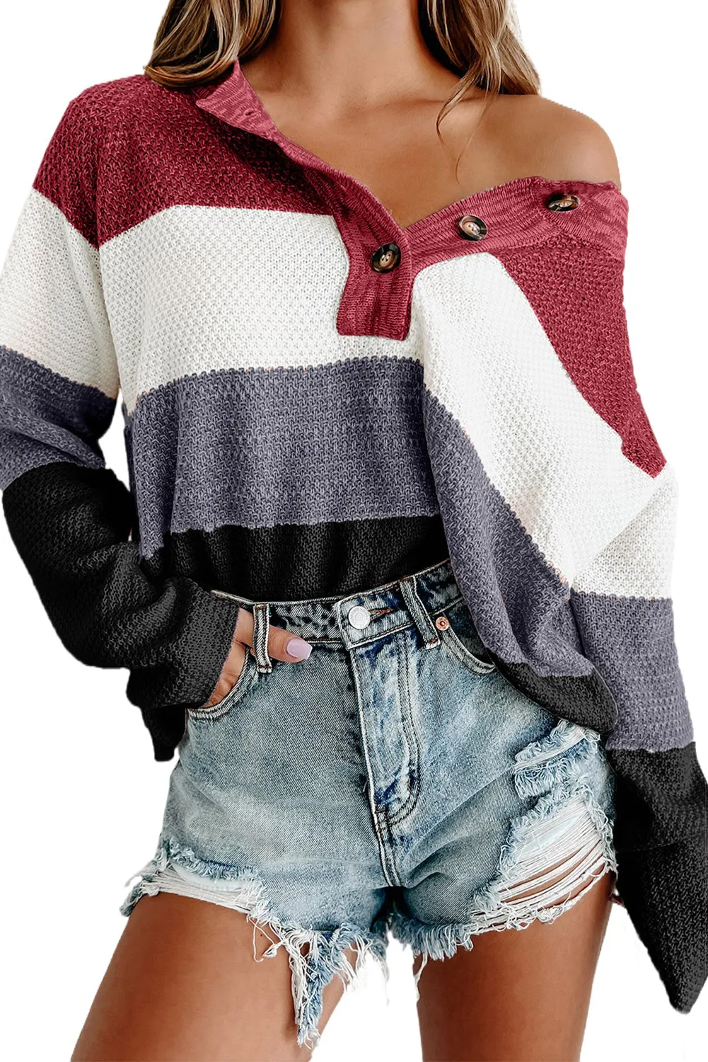 Multicolor Loose Colorblock Knitted Henley Sweater