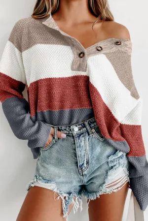 Multicolor Loose Colorblock Knitted Henley Sweater