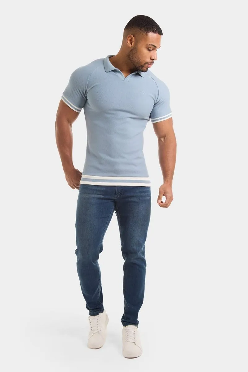 Muscle Fit Short Sleeve Retro Open Collar Polo in Blue/White