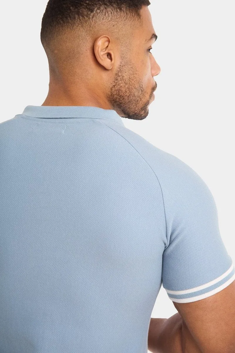 Muscle Fit Short Sleeve Retro Open Collar Polo in Blue/White