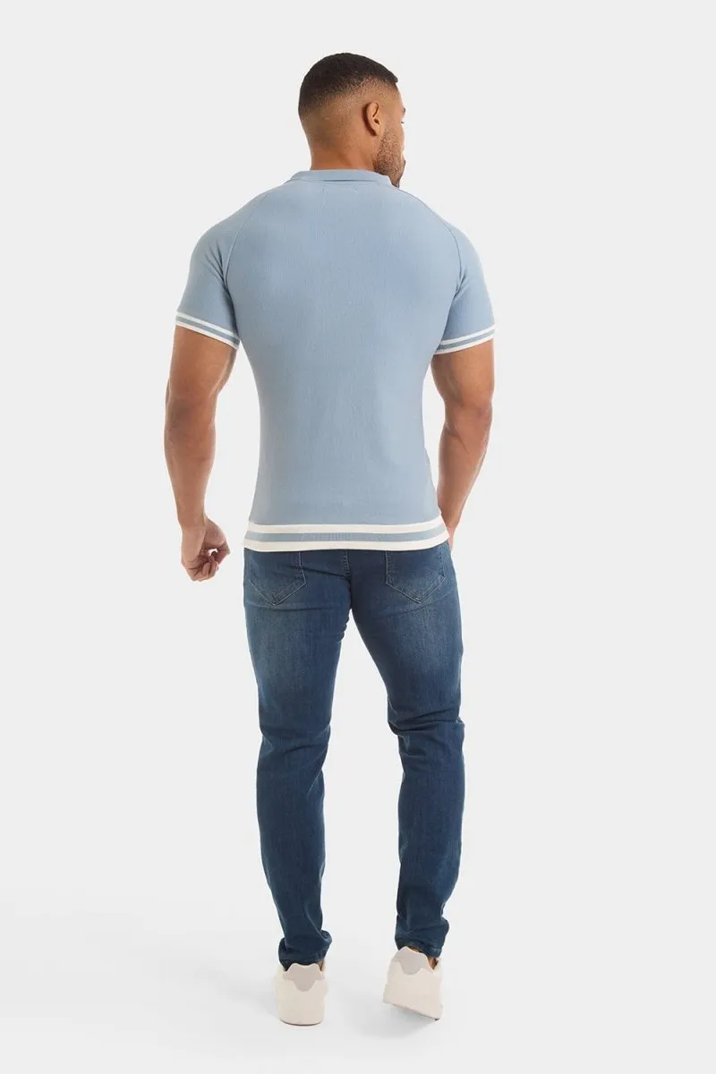 Muscle Fit Short Sleeve Retro Open Collar Polo in Blue/White