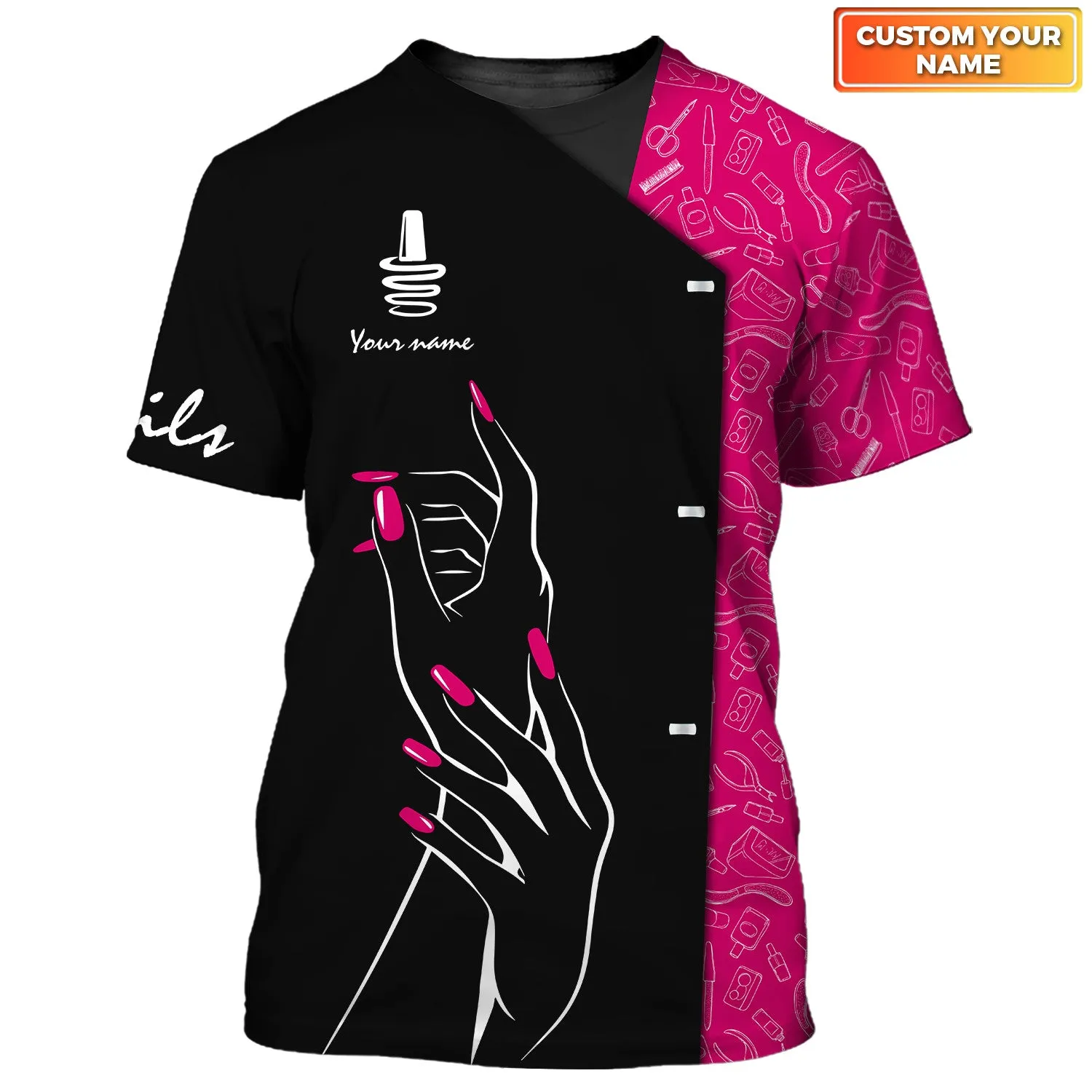 Nail Artist Pesonalized Tee Shirt Manicurist Gift Nail Pattern T-Shirt Black Pink