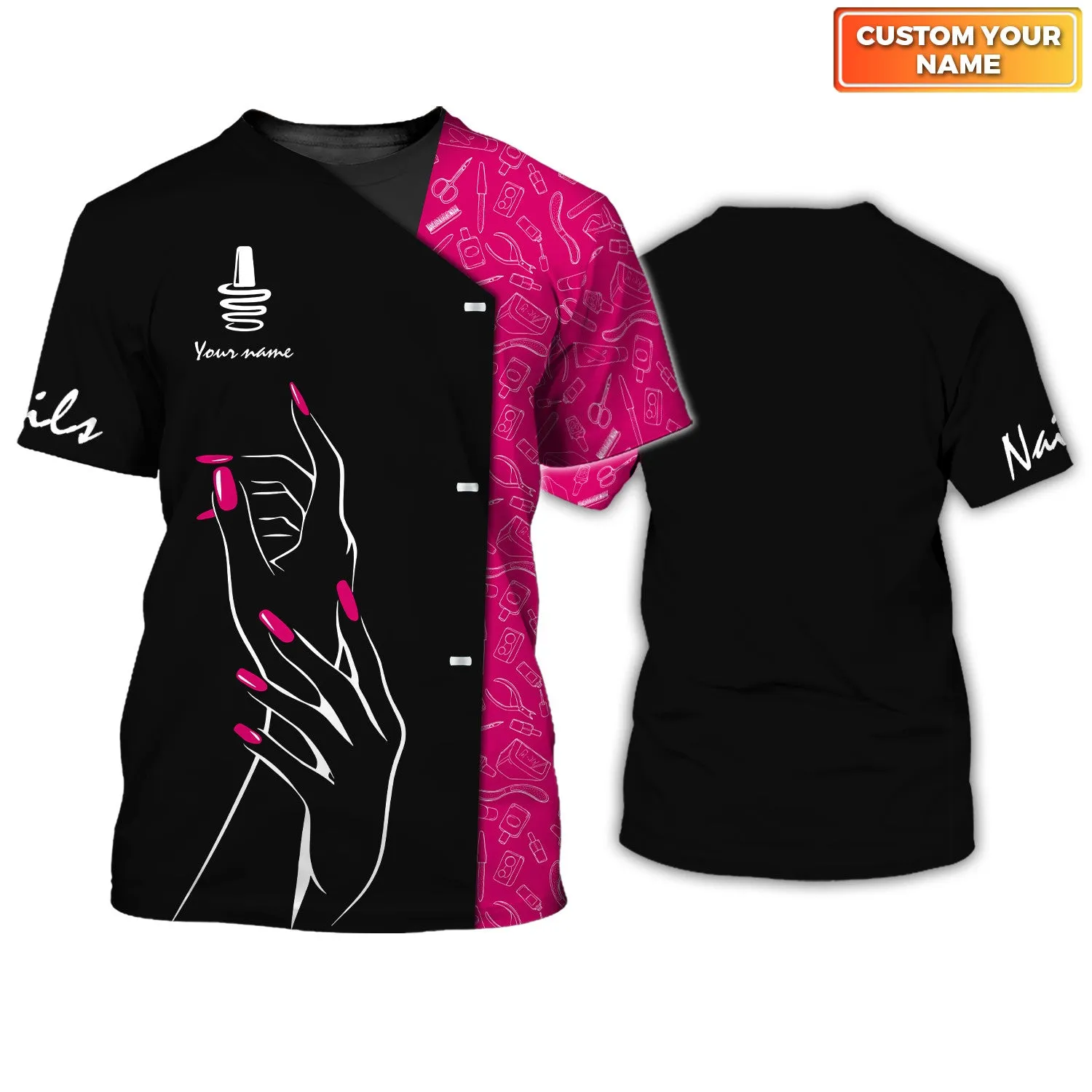 Nail Artist Pesonalized Tee Shirt Manicurist Gift Nail Pattern T-Shirt Black Pink