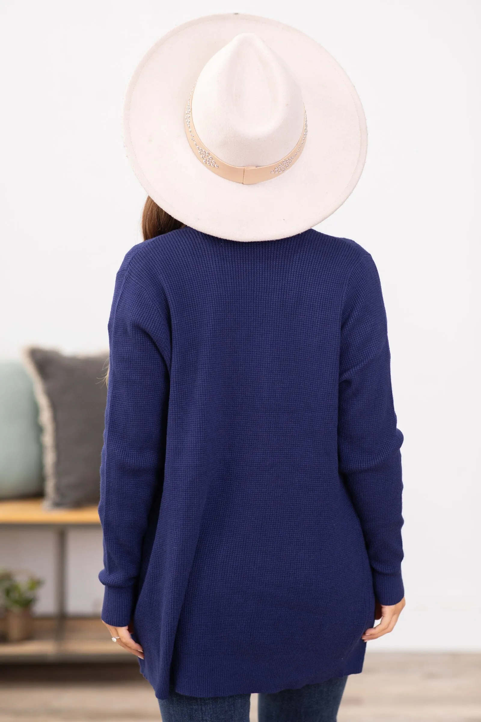 Navy Ribbed Trim Cardigan With Pockets