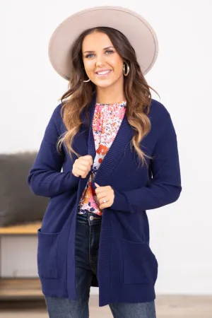Navy Ribbed Trim Cardigan With Pockets