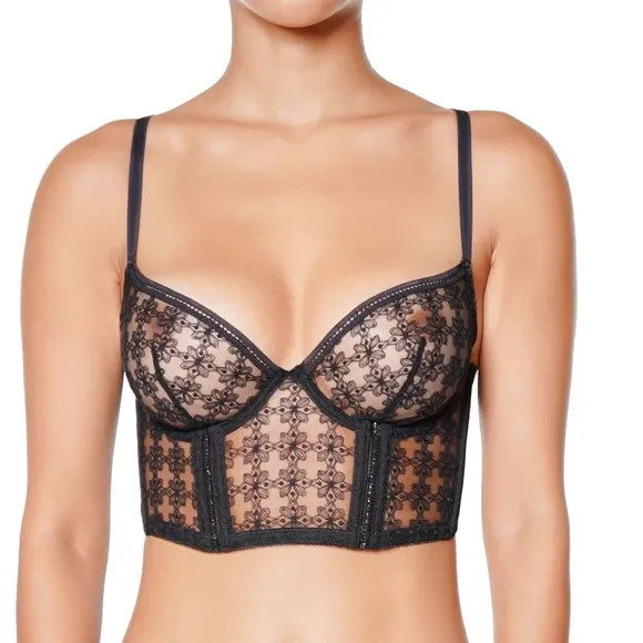 NEW! HUIT EIGHT CAFE FLEUR BUSTIER Elegant Black Lace Bralette 32C