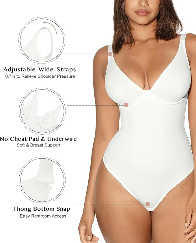 NEW Retails $50 FeelinGirl Shapewear Bodysuit Tummy Control Slim Body Shaper Deep V Neck Thong Body Suits for Women, White, Sz M