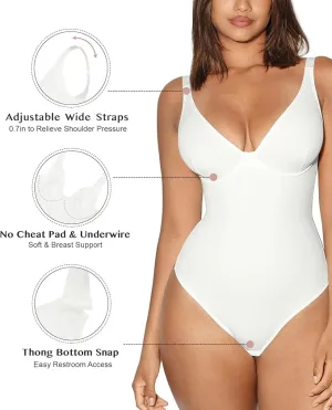 NEW Retails $50 FeelinGirl Shapewear Bodysuit Tummy Control Slim Body Shaper Deep V Neck Thong Body Suits for Women, White, Sz M