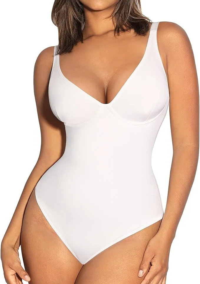 NEW Retails $50 FeelinGirl Shapewear Bodysuit Tummy Control Slim Body Shaper Deep V Neck Thong Body Suits for Women, White, Sz M