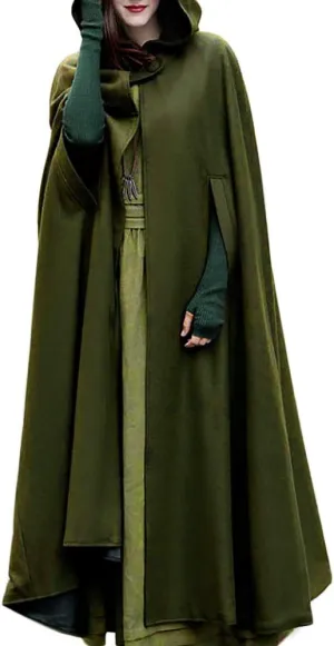 NEW Womens Winter Cape Coat Wool Blend Hooded Cloak Maxi Long Cardigans Open Front Poncho Outwear, Army Green, XL