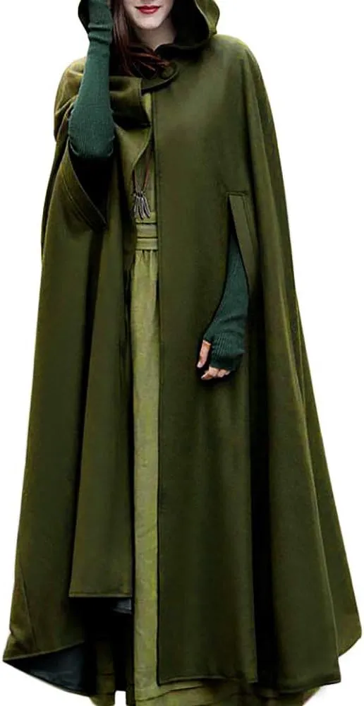 NEW Womens Winter Cape Coat Wool Blend Hooded Cloak Maxi Long Cardigans Open Front Poncho Outwear, Army Green, XL