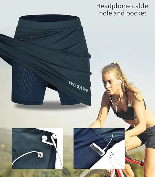 NEW Wosawe Ladies Skirt 2 in 1 Padded Cycling Shorts Seat Cushion Bicycle Breathable Short Pants Skirts, Black, Sz L