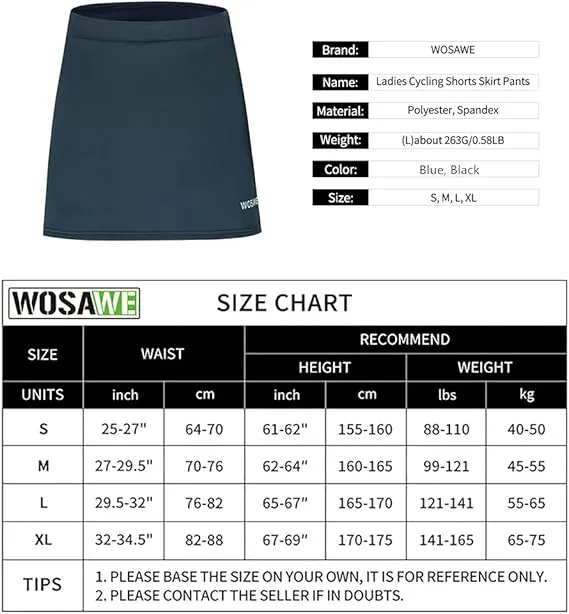 NEW Wosawe Ladies Skirt 2 in 1 Padded Cycling Shorts Seat Cushion Bicycle Breathable Short Pants Skirts, Black, Sz L