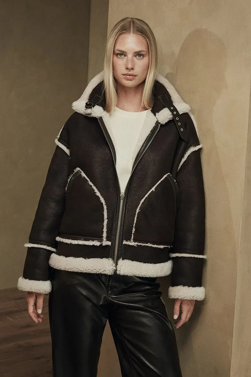 Nora Women's Oversize Reversible Shearling Jacket - Dark Chocolate