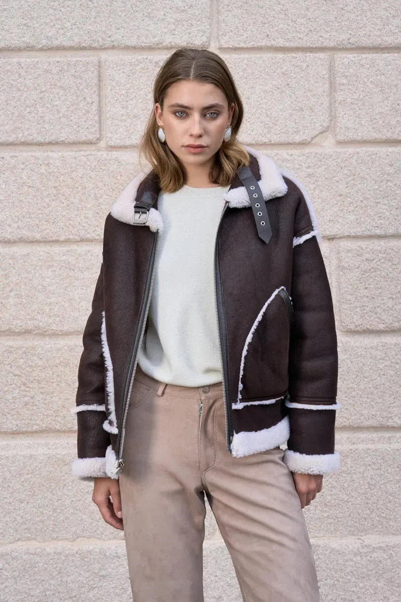 Nora Women's Oversize Reversible Shearling Jacket - Dark Chocolate