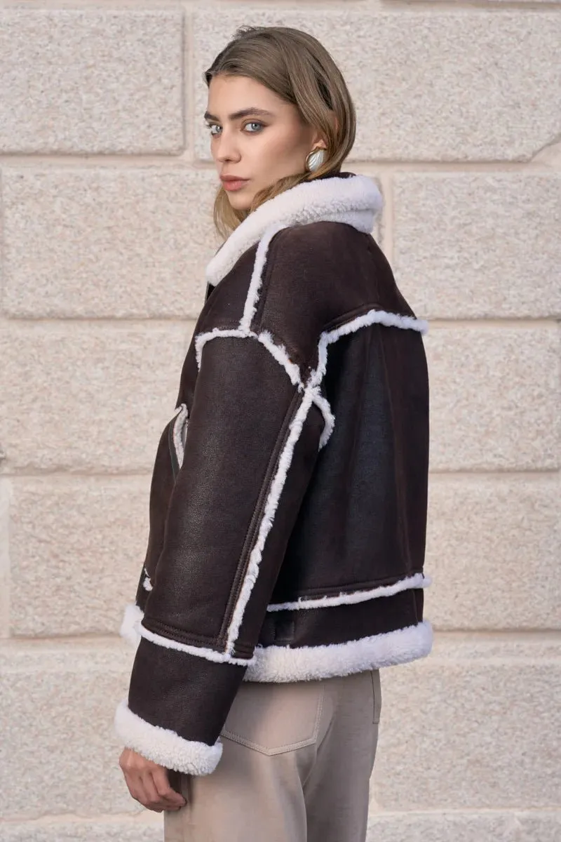 Nora Women's Oversize Reversible Shearling Jacket - Dark Chocolate