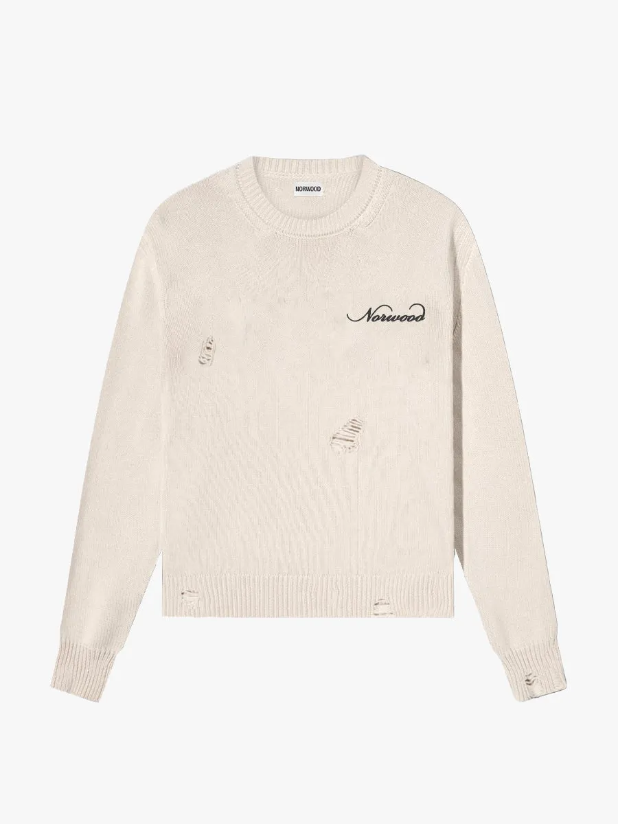 NORWOOD DISTRESSED LOGO KNIT SWEATER