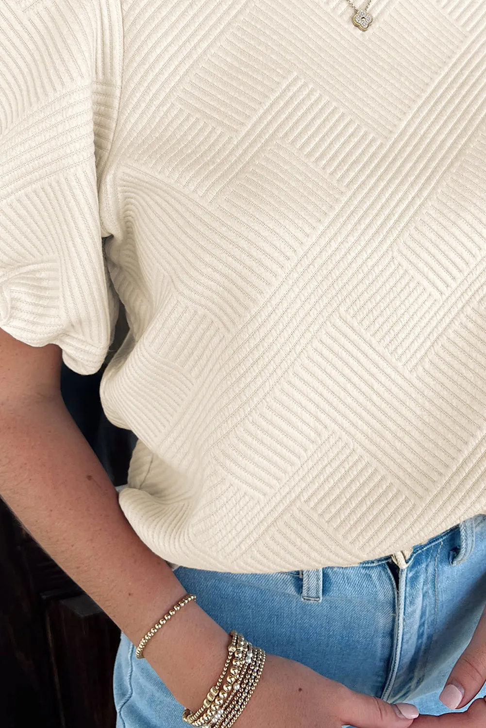 Oatmeal Textured Puff Sleeve T-shirt