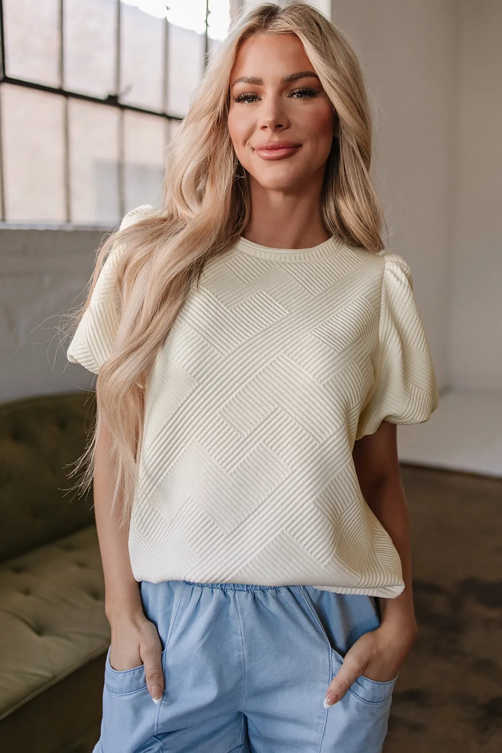 Oatmeal Textured Puff Sleeve T-shirt