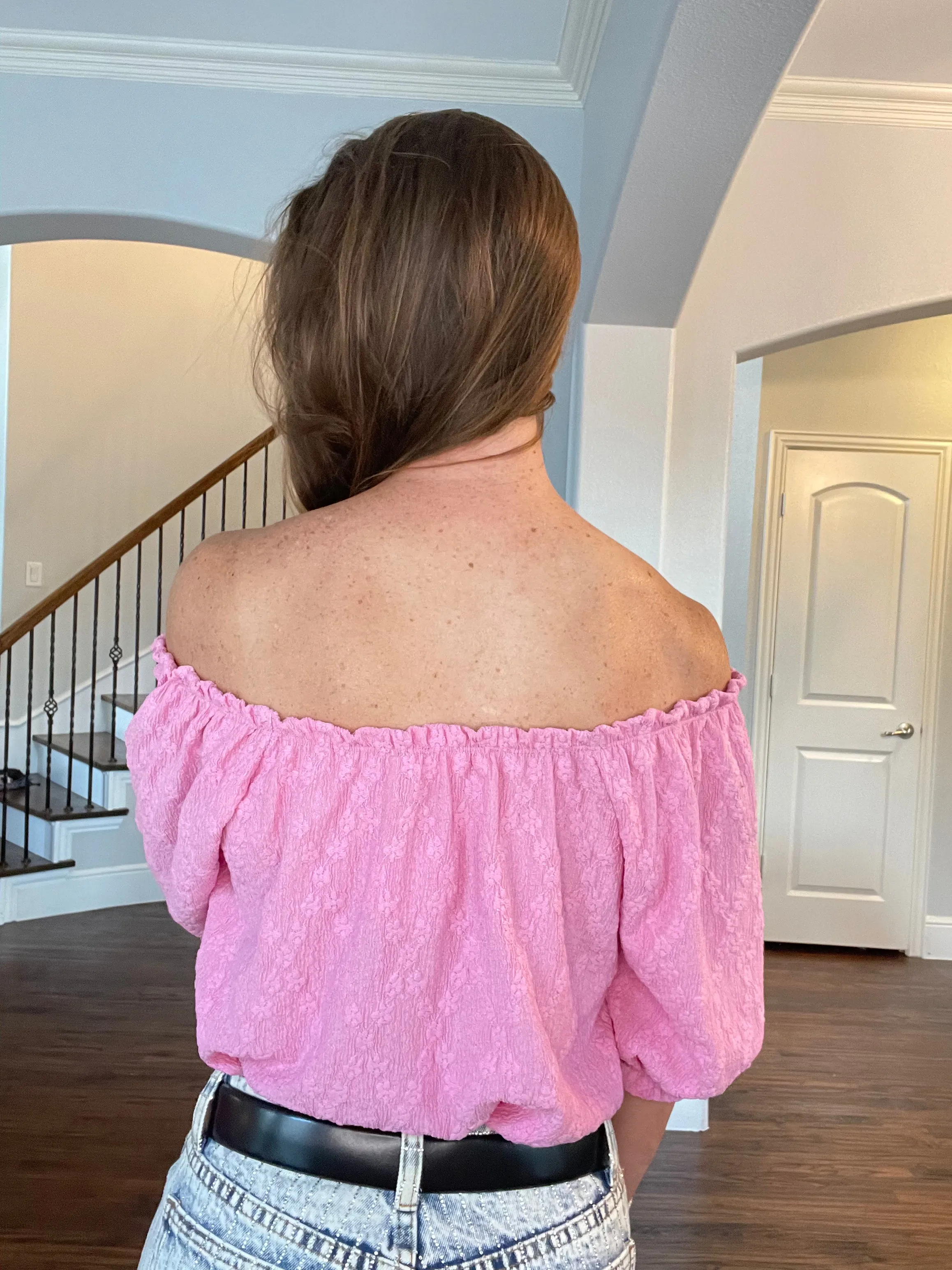 Off Shoulder Short Sleeve Textured Top