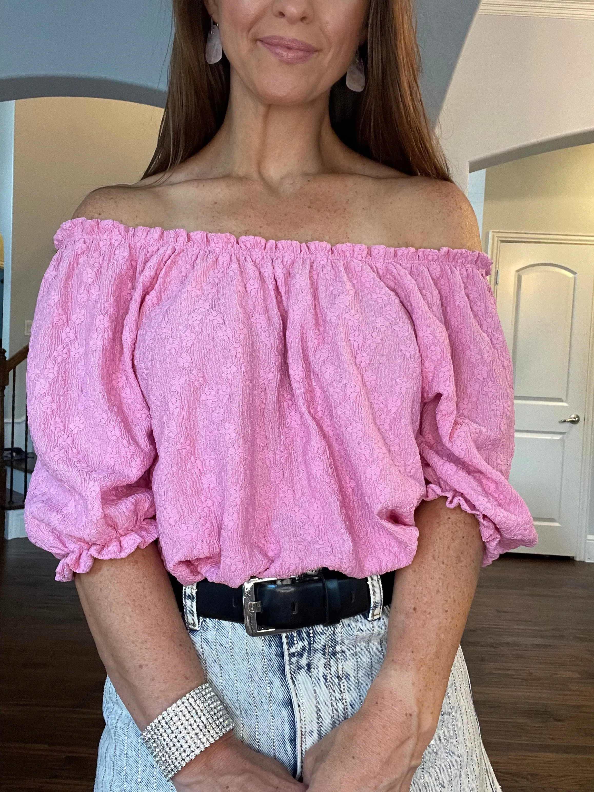 Off Shoulder Short Sleeve Textured Top
