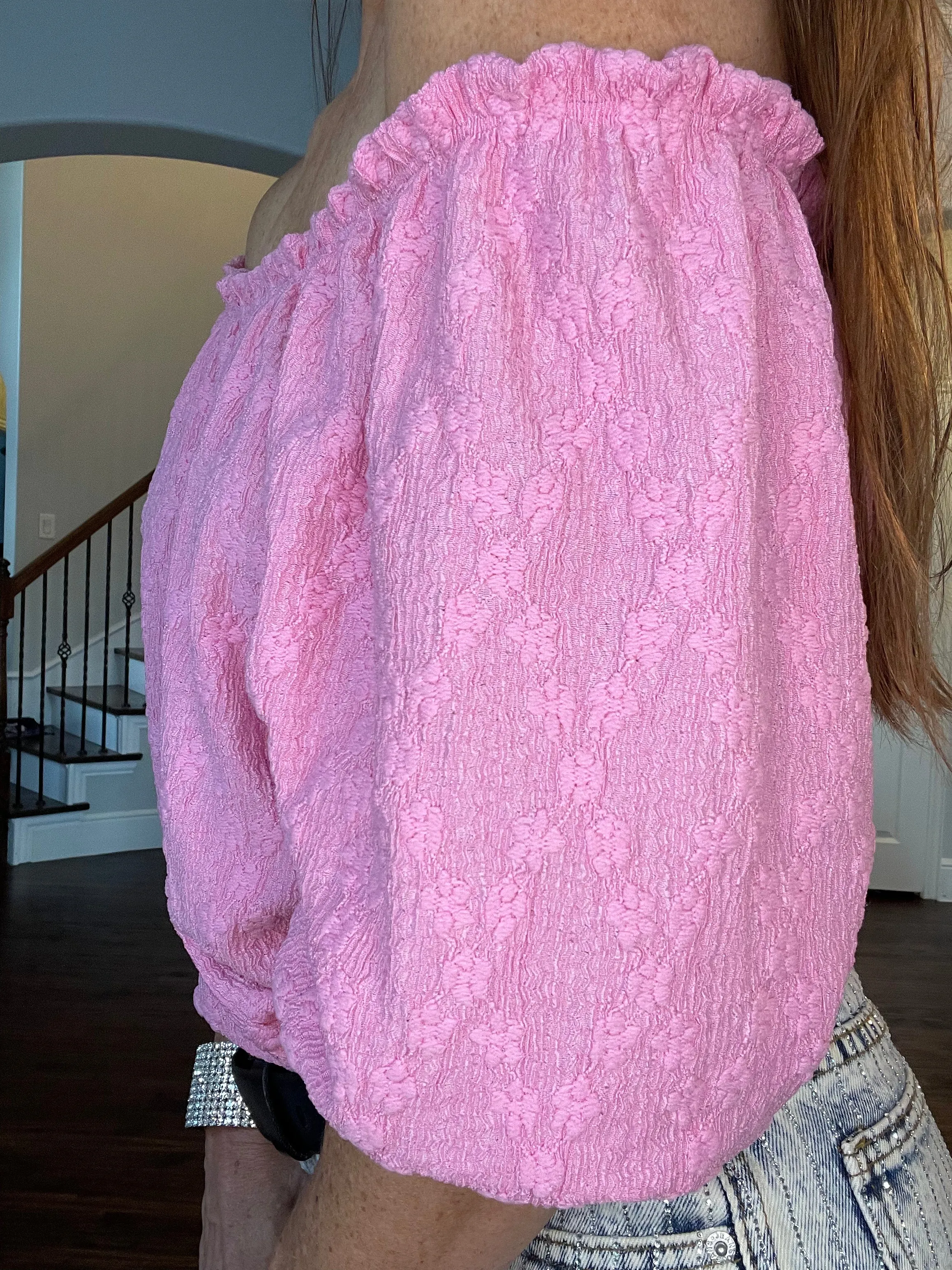 Off Shoulder Short Sleeve Textured Top