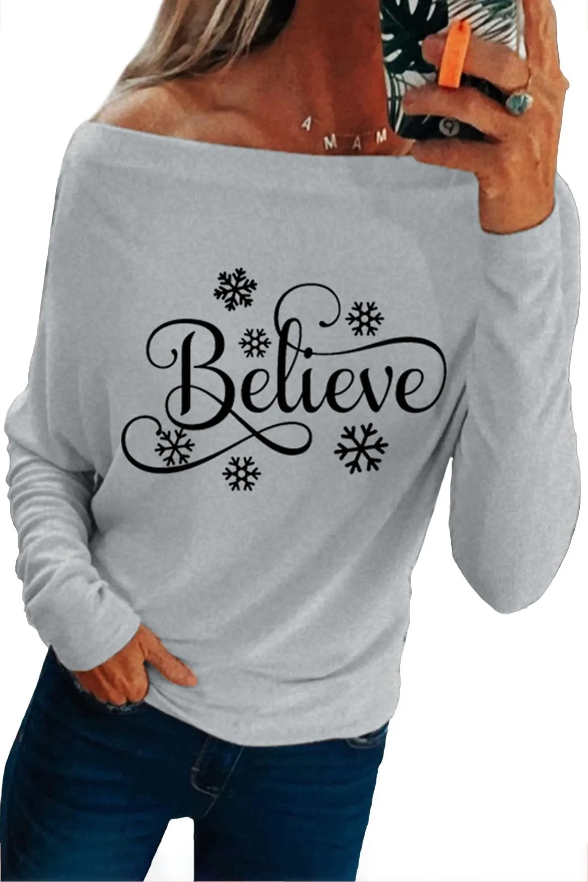 Off-the-shoulder Believe Snowflake Pattern Long Sleeve Top