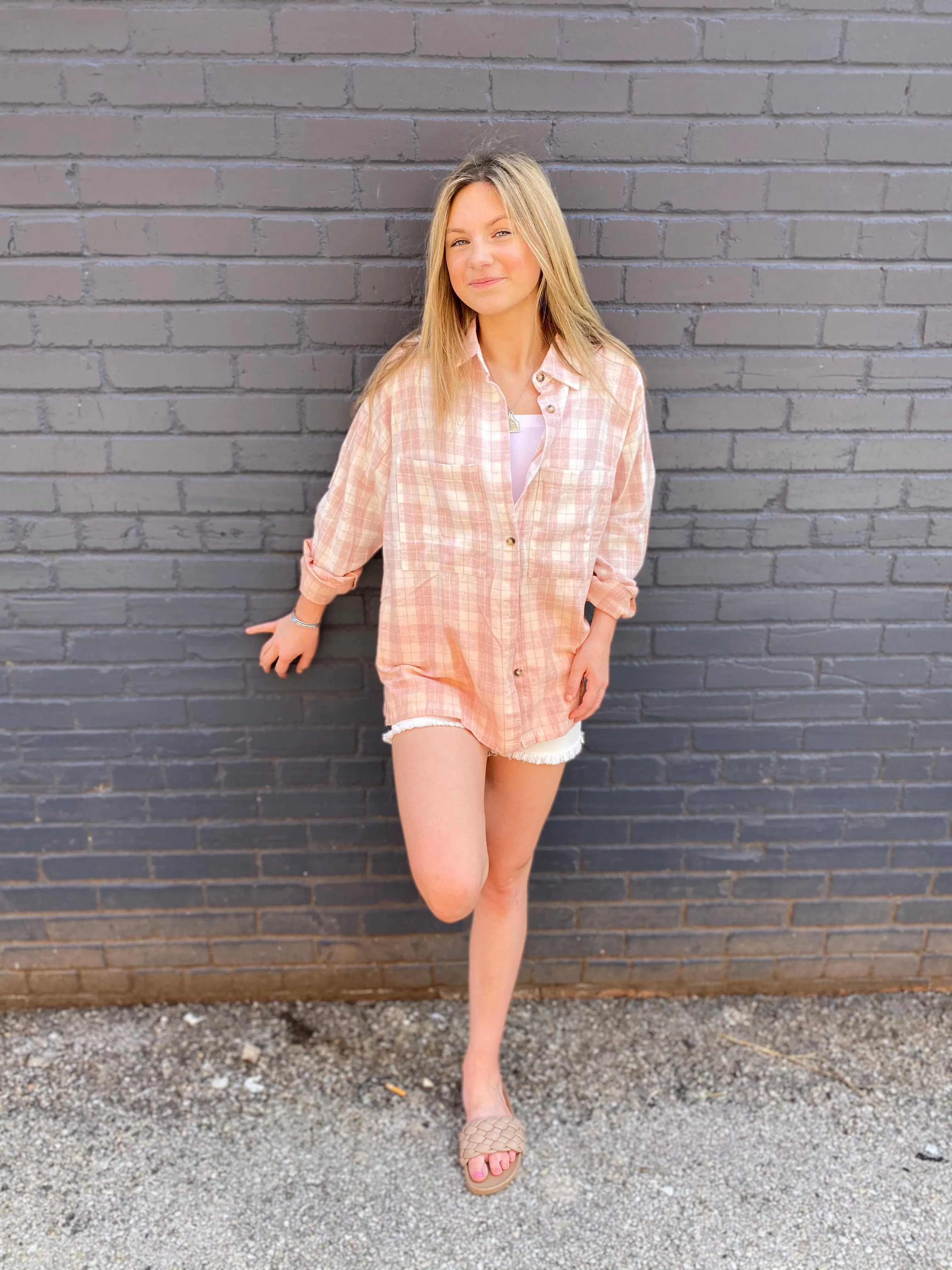 Ombré Plaid Top: Blush