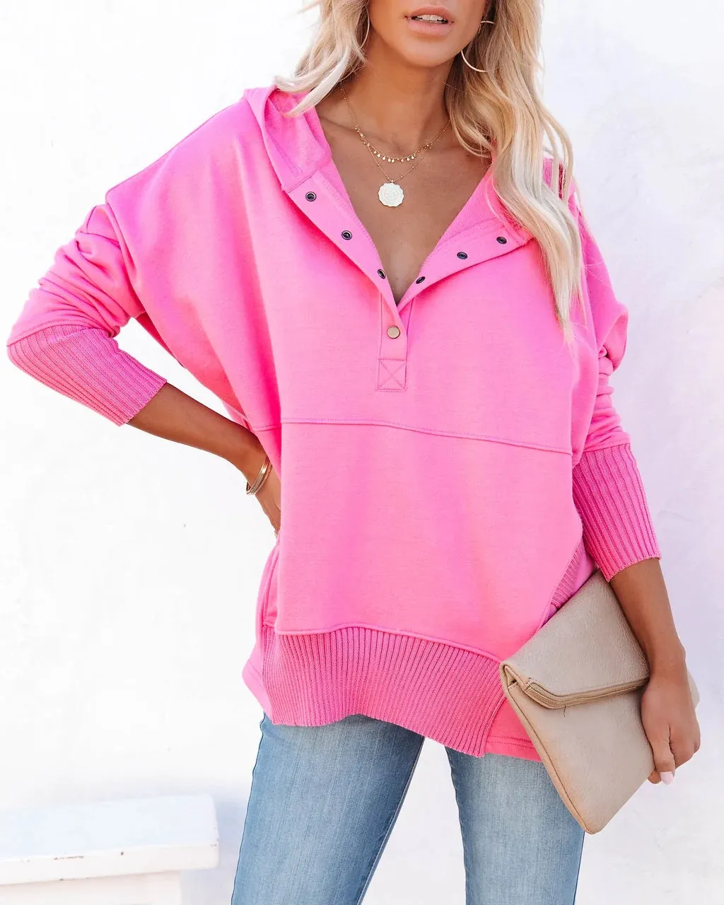 On Point Hooded Button-Up Relaxed Fit Sweater