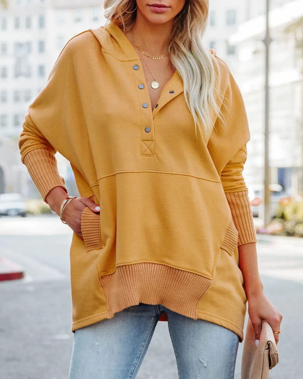 On Point Hooded Button-Up Relaxed Fit Sweater