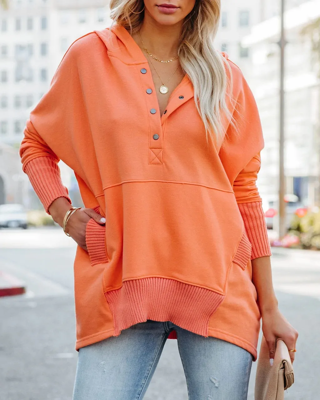On Point Hooded Button-Up Relaxed Fit Sweater