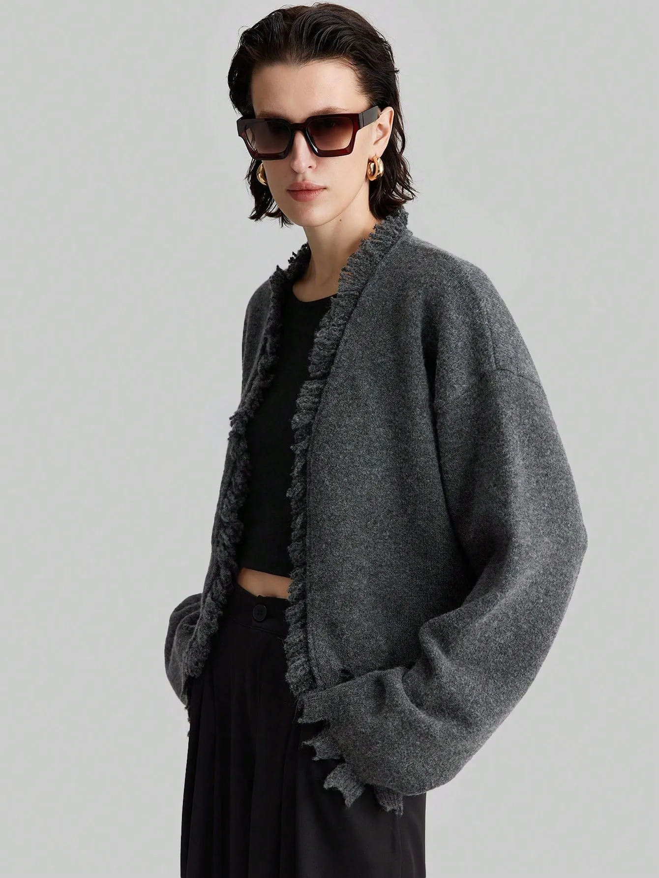 Ontre Women's Loose Knit Cardigan With Shawl Collar